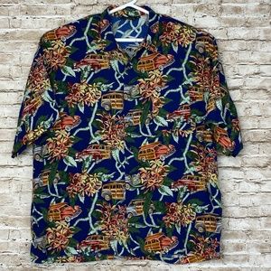 Monzini Hawaiian Vintage Shirt Blue Floral Cars Sh